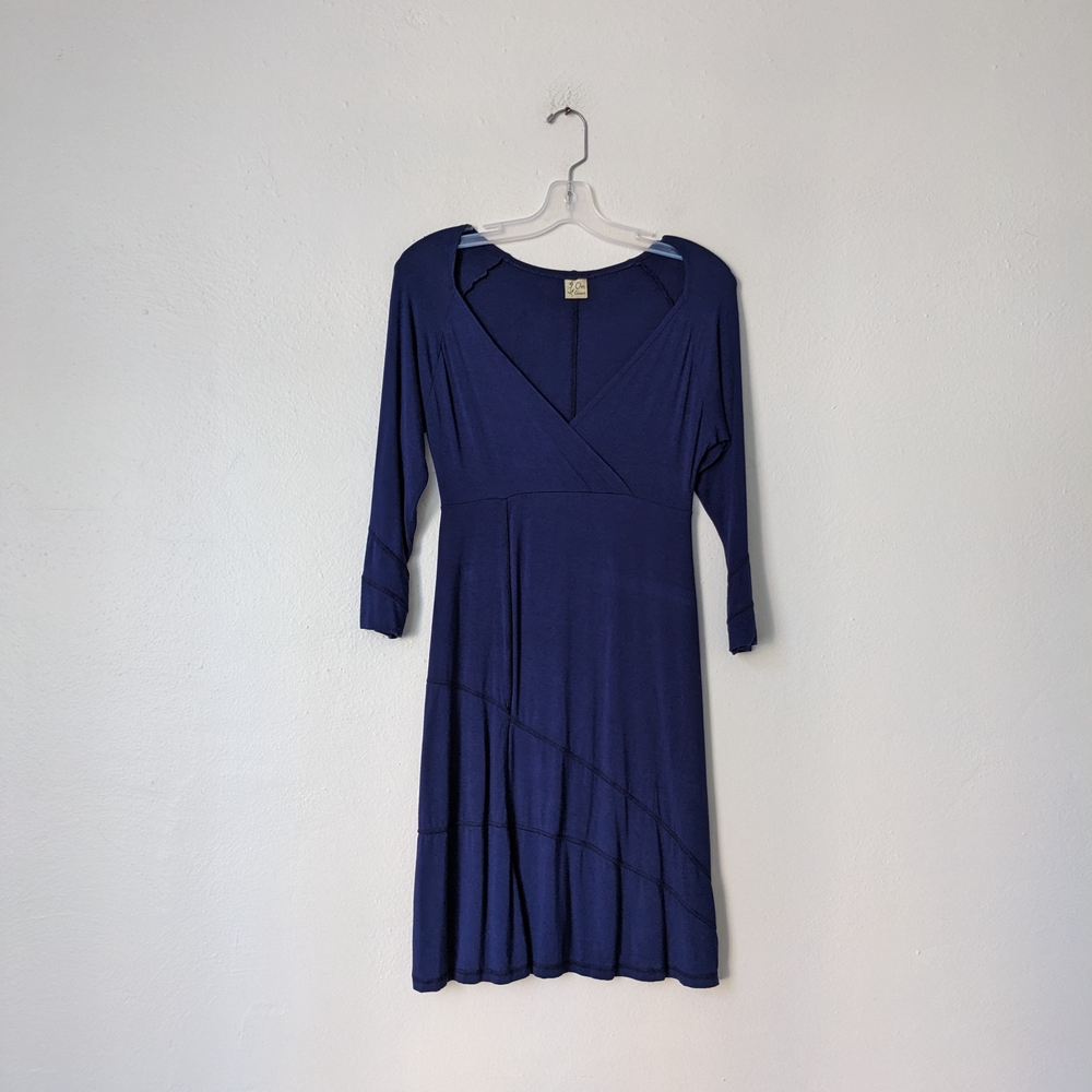 Blue V-Neck A-Line Dress with 3/4 Sleeves